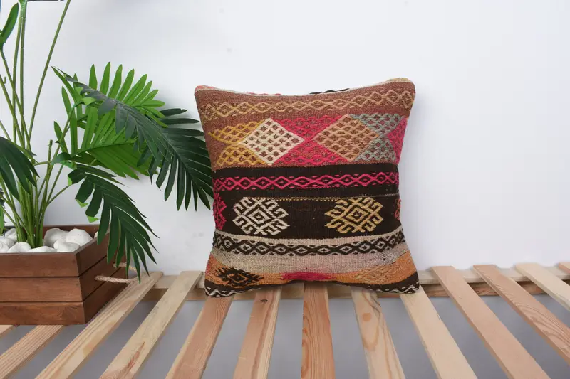 Aesthetic Cushion Cover, Cushion, Handwoven Pillow Case, 16x16 Brown Cushion, Home Decor Pillow, Handmade Kilim Cushion, Boho Pillow - 1