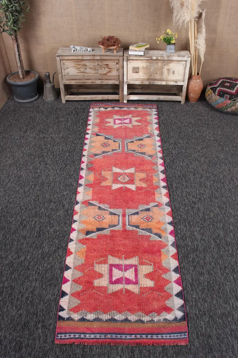 2.6x9.7 ft Türk Vintage Halı, Yolluk Halı, Herki Kırmızı Yün Halı - 1
