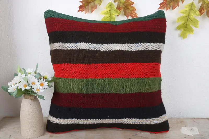 Pillow Case, Antique Pillows, Kilim Cushion Sham, Farmhouse Cushion Case, 16x16 Red Cushion, Turkish Kilim Pillow, Cotton Pillow Cover - 2