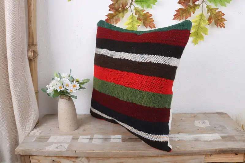 Pillow Case, Antique Pillows, Kilim Cushion Sham, Farmhouse Cushion Case, 16x16 Red Cushion, Turkish Kilim Pillow, Cotton Pillow Cover - 4