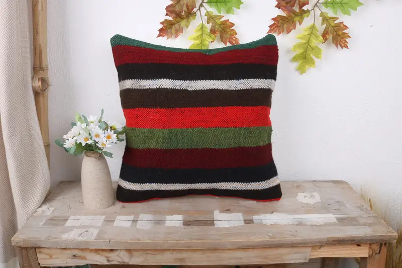 Pillow Case, Antique Pillows, Kilim Cushion Sham, Farmhouse Cushion Case, 16x16 Red Cushion, Turkish Kilim Pillow, Cotton Pillow Cover - 1