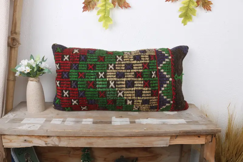 Cushion Case, Kilim Pillow Cover, Couch Pillow Case, Ethnical Kilim Rug Pillow, Outdoor Pillow, Vintage Kilim Throw Pillow, 12x24 Red Pillow Case - 1