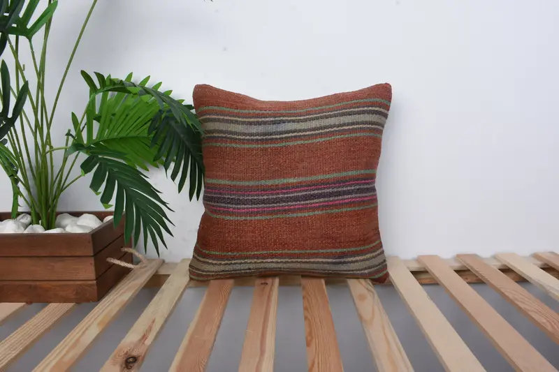 16x16 Brown Cushion, Throw Kilim Pillow, Accent Cushion, Pillow for Couch, Authentic Pillow, Pillow Sham, Antique Pillows - 1