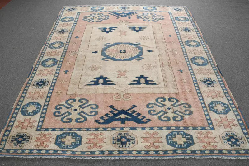 Turkish Rug, 6x7.7 ft Vintage Rug, Blue Pink Camouflage Wool Rug - 1