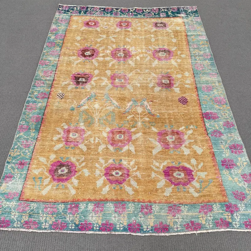 Vibrant Yellow Rug, 0.4x6.6 ft Green Accent