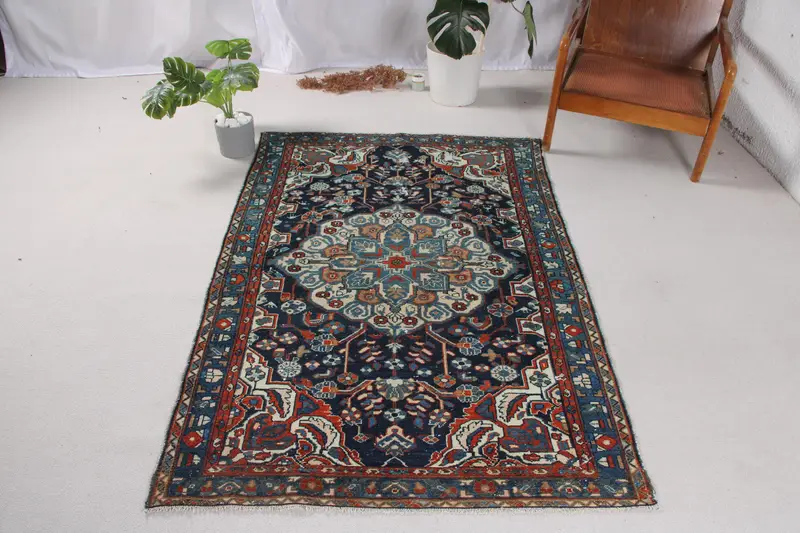 Alfombra azul suroeste, 3,9x6,1 pies con detalles en naranja