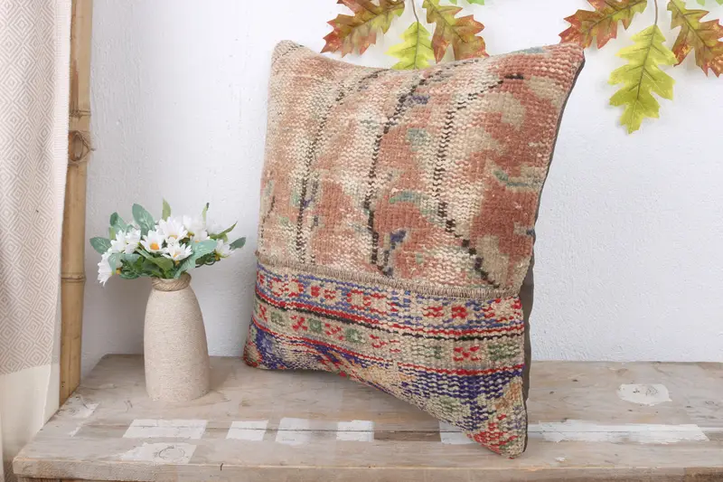 Ethnical Kilim Rug Pillow, Pillow for Sofa, Pillow Case, 16x16 Red Cushion, Meditation Pillow Sham, Kilim Pillow Cover - 4