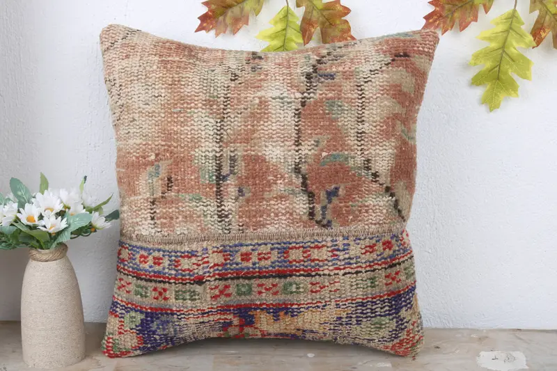 Ethnical Kilim Rug Pillow, Pillow for Sofa, Pillow Case, 16x16 Red Cushion, Meditation Pillow Sham, Kilim Pillow Cover - 2