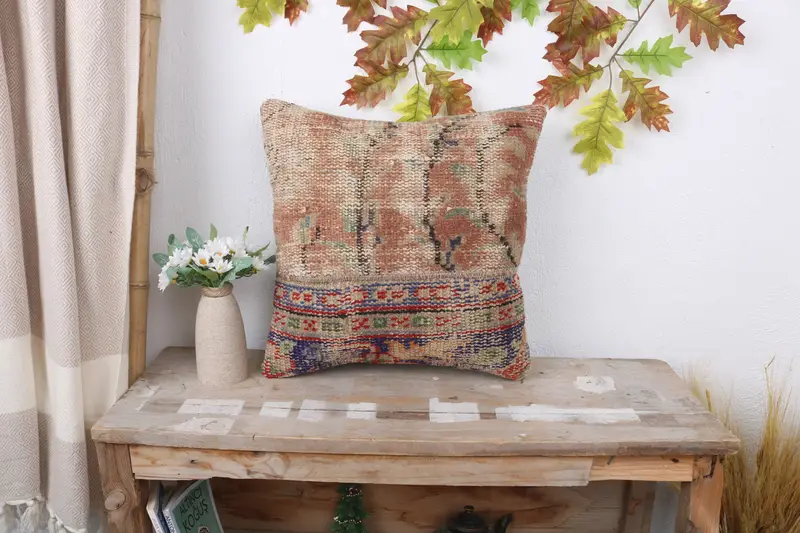 Ethnical Kilim Rug Pillow, Pillow for Sofa, Pillow Case, 16x16 Red Cushion, Meditation Pillow Sham, Kilim Pillow Cover - 1