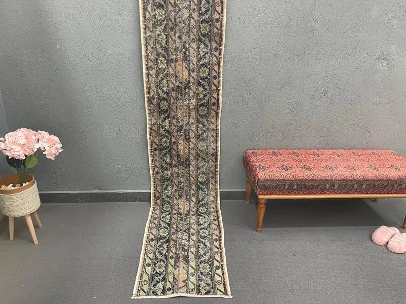 1.7x9.1 ft Vintage Rug, Runner Turkish Rug, Blue Oriental Rug - 1