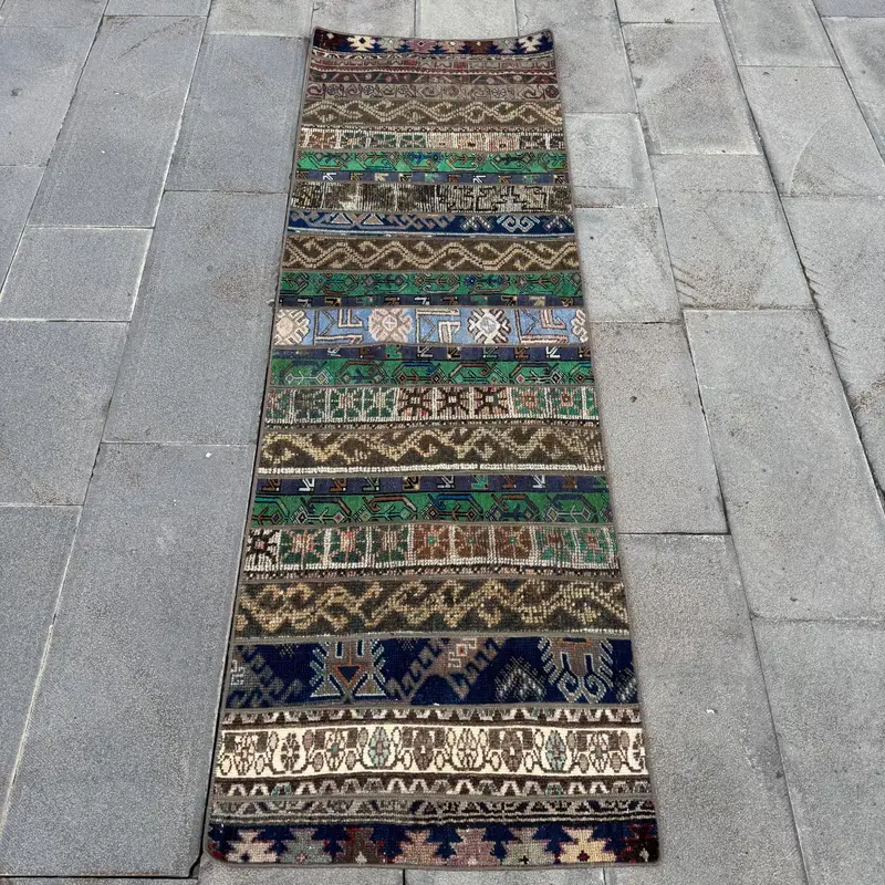 ブラウン&グリーンチェックラグ 2.3x7フィート シックな装飾