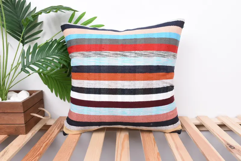 Ethnical Kilim Rug Pillow, Bright Pillow, 18x18 Blue Cushion Cover, Cushion Cover, Turkish Kilim Pillow, Aesthetic Pillow Case, Home Decor Pillow - 1