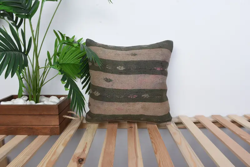 Boho Pillow, Boho Chic Cushion Case, Kilim Cushion Sham, Tapestry Cushion Case, 16x16 Brown Cushion Cover, Turkish Pillow, Pillow Cover - 1