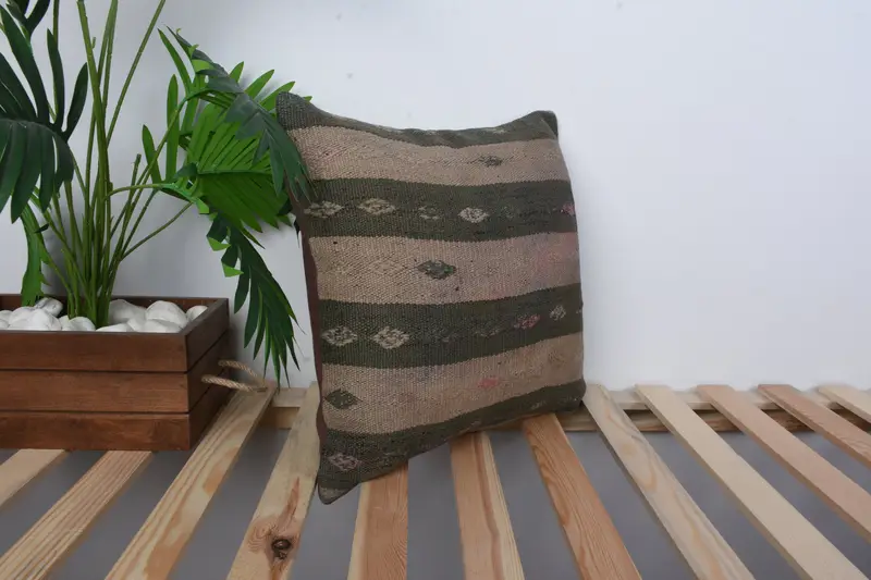 Boho Pillow, Boho Chic Cushion Case, Kilim Cushion Sham, Tapestry Cushion Case, 16x16 Brown Cushion Cover, Turkish Pillow, Pillow Cover - 4