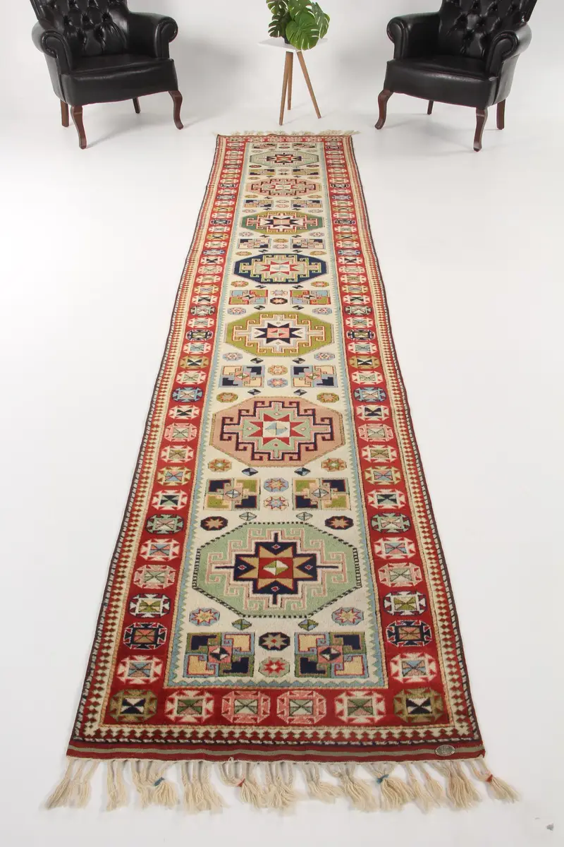 Vintage Turkish Rug 2.7x12.8 ft, Red Oushak Ombré Rug - 1