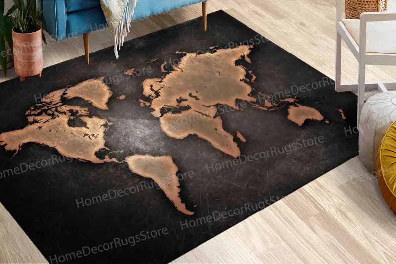 Modern Map Printed Rug: Copper, Bronze, Black Design for Office, Loft