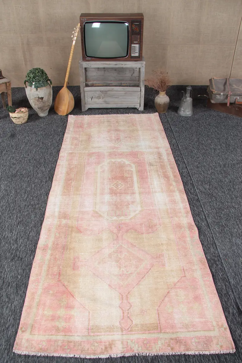 3.9x9.4 ft Halı, Vintage Alan Halısı, Pembe Oushak Çiçekli Halı - 1