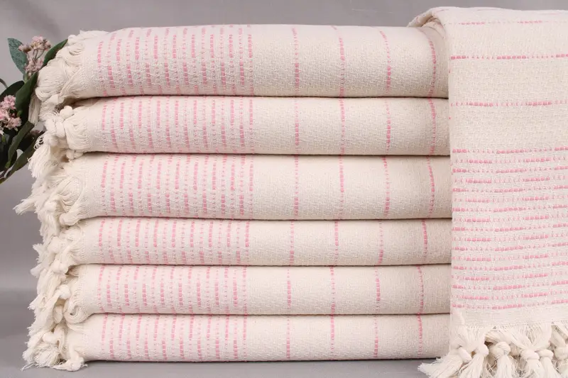 Handmade Pink Striped Throw Blanket, Organic Turkish Cotton, 91x97 Inches