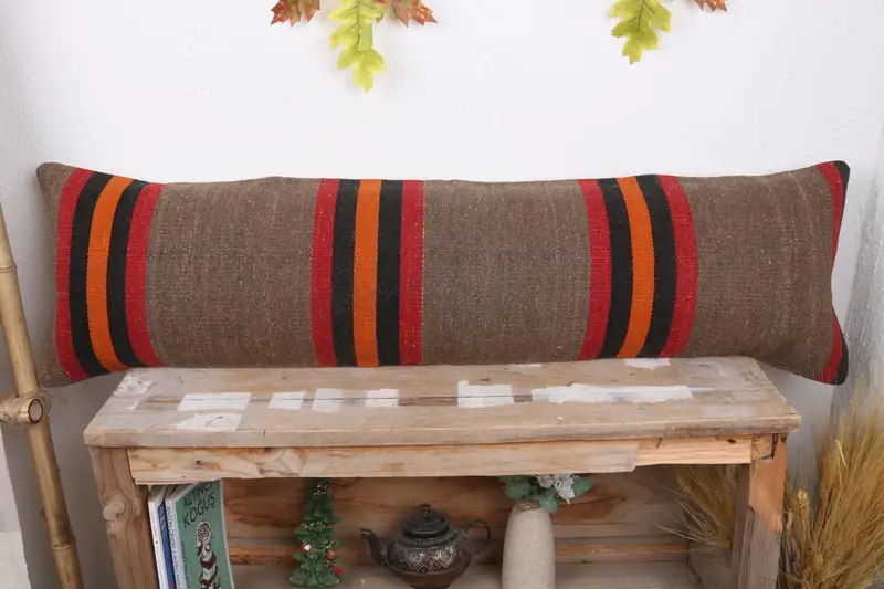 12x43 Brown Cushion, Cushion, Customized Pillow Cover, Handmade Kilim Cushion, Turkish Pillow, Bolster Pillow, Antique Pillows - 2