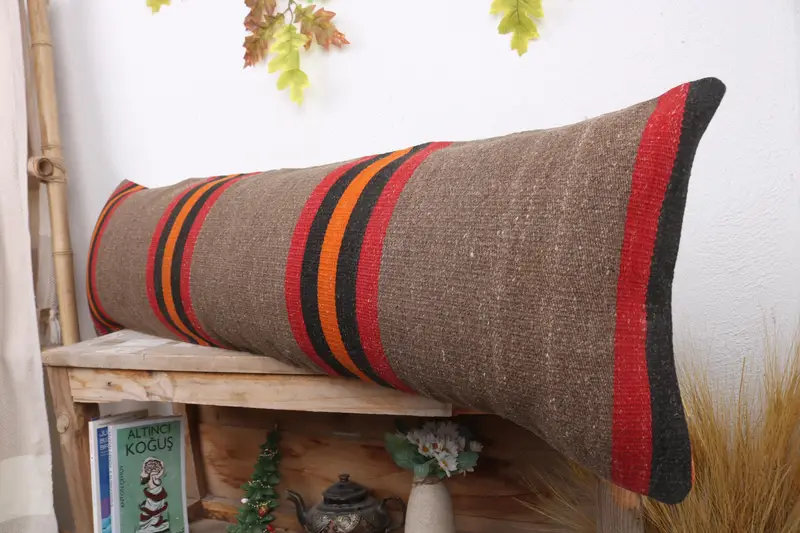 12x43 Brown Cushion, Cushion, Customized Pillow Cover, Handmade Kilim Cushion, Turkish Pillow, Bolster Pillow, Antique Pillows - 4