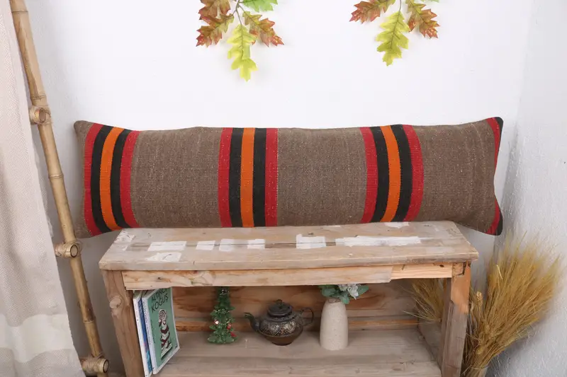 12x43 Brown Cushion, Cushion, Customized Pillow Cover, Handmade Kilim Cushion, Turkish Pillow, Bolster Pillow, Antique Pillows - 1