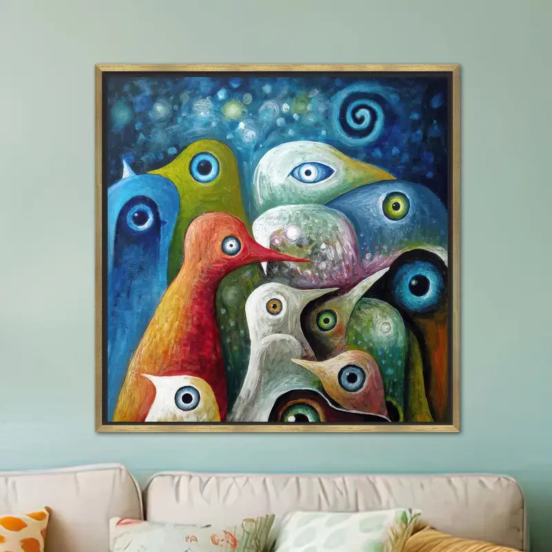 Lienzo abstracto moderno con diseño de pájaro azul: impresión artística de cielo estrellado