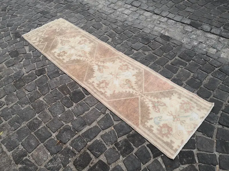 Vintage 2.2x8.2 ft Rug, Oushak Turkish Rug, Brown Striped Wool Rug - 1