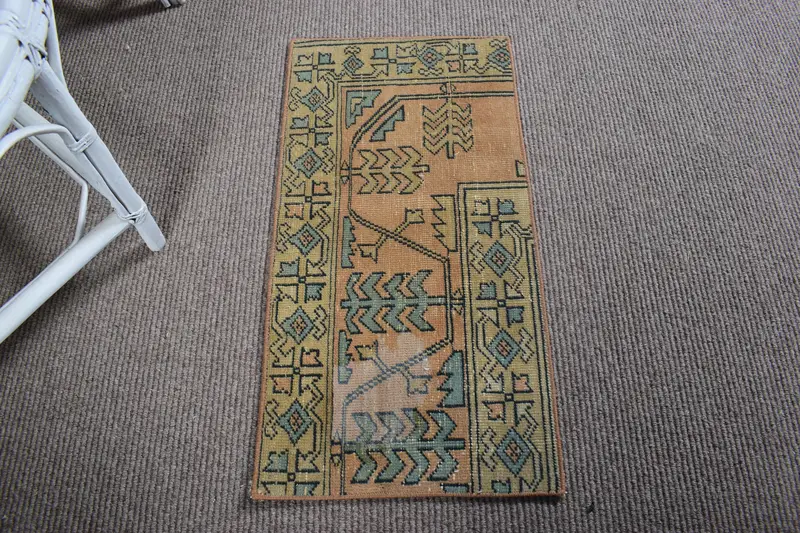 Vintage Küçük Halı 1.3x2.6 ft, Kahverengi Mavi Çiçekli Halı Yün - 1