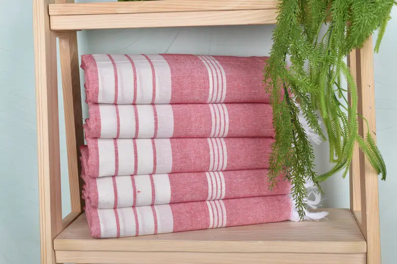 Monogrammed Red Cotton Beach Towel, 36x67 Inches, Striped, Organic Cotton/Linen