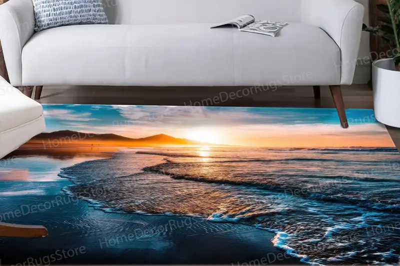 Seacape Wave Printed Rug: Ocean Sunset Nature Landscape Design