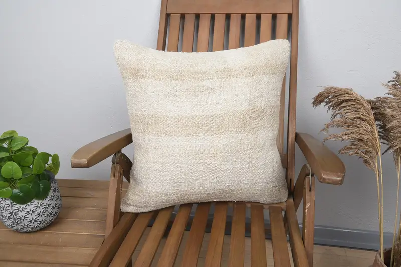 Vintage Wool Beige Pillowcase, Striped Moroccan Square 20x20 inch Euro Sham - 1
