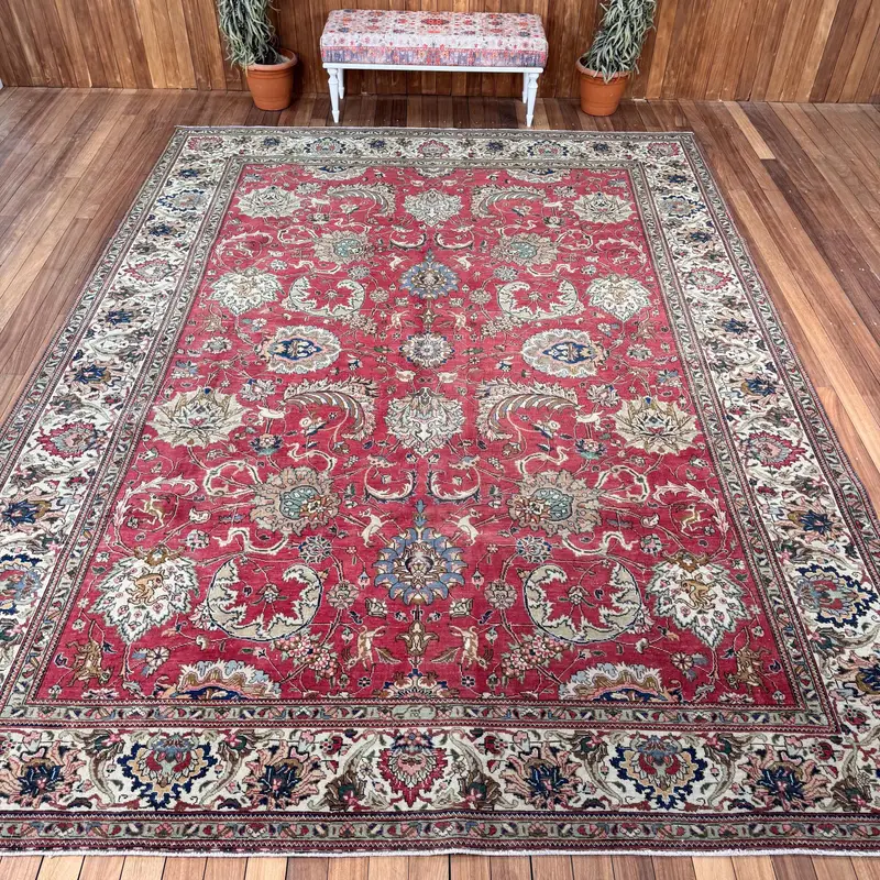 9.6x12.8 ft Vintage Rug, Oushak Rug, Red Striped Rug Wool - 1