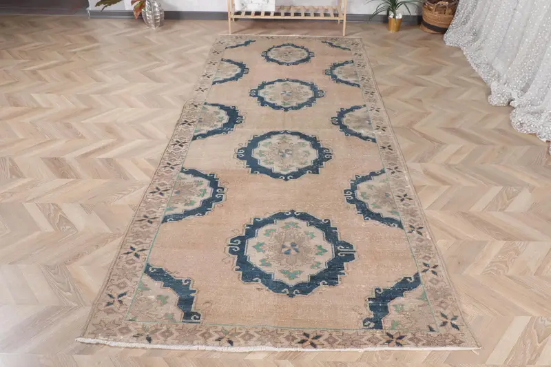 Handmade Beige & Blue Rug, 0.4x10 ft Abstract Design