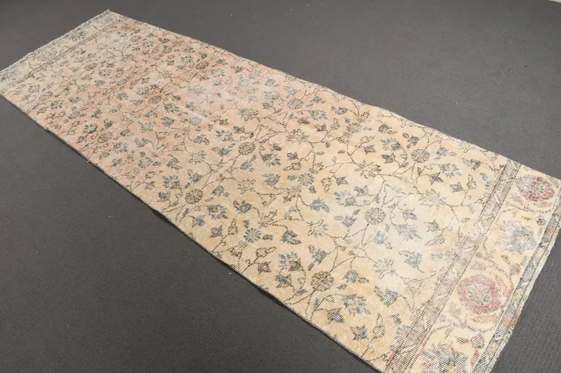 Vintage Turkish Rug 3.1x9.1 ft, Oushak Blue Ikat Wool Rug - 1