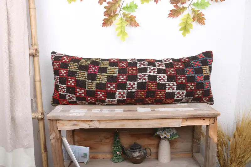 Red & Green Embroidered Throw Pillow, Handmade Geometric Rectangle Pillow