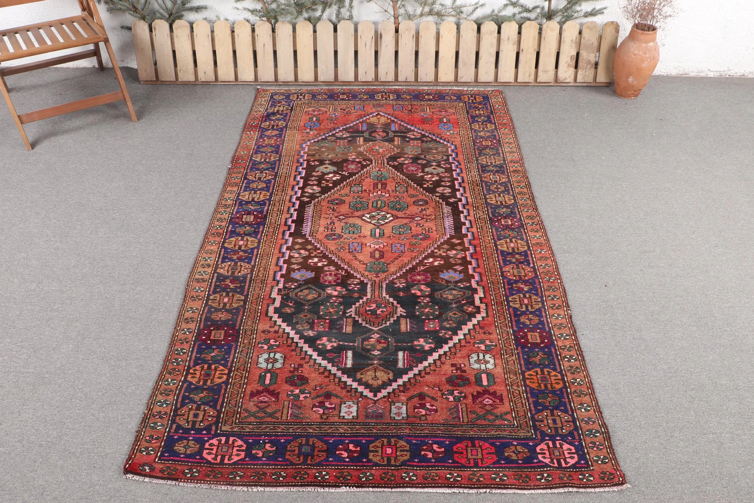 4.4x7.6 ft Vintage Turkish Rug, Area Rug, Red Blue Floral Wool Rug - 1