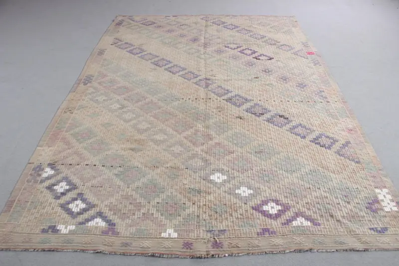 Zarif Bej ve Yeşil Halı, 6,1x8,7 ft Patchwork Tasarım