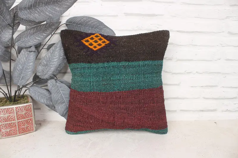 Lounge Throw Cushion Case, Pillow Sham, Pillow for Sofa, 14x14 Green Pillow, Kilim Pillow, Kilim Pillow Cover, Neutral Throw Cushion Case - 1