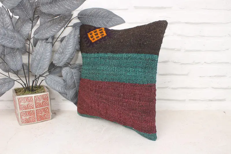 Lounge Throw Cushion Case, Pillow Sham, Pillow for Sofa, 14x14 Green Pillow, Kilim Pillow, Kilim Pillow Cover, Neutral Throw Cushion Case - 4