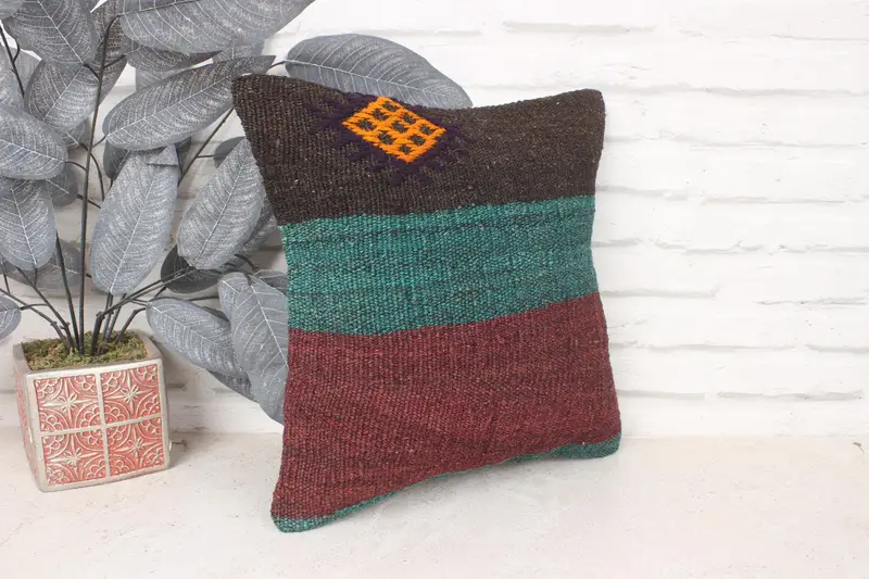Lounge Throw Cushion Case, Pillow Sham, Pillow for Sofa, 14x14 Green Pillow, Kilim Pillow, Kilim Pillow Cover, Neutral Throw Cushion Case - 3