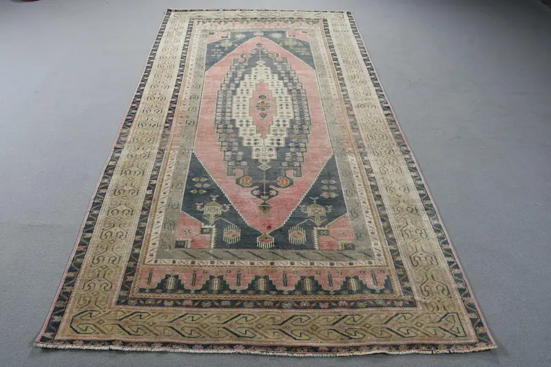 5x9.5 ft Vintage Halı, Türk Büyük Halı, Mavi Kırmızı Halı - 1