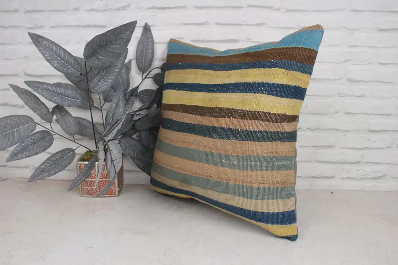 Vintage Kilim Throw Pillow, Floor Cushion Case, 20x20 Blue Pillow Sham, Bolster Throw Pillow Case, Gift Pillow, Cushion, Boho Pillow - 4