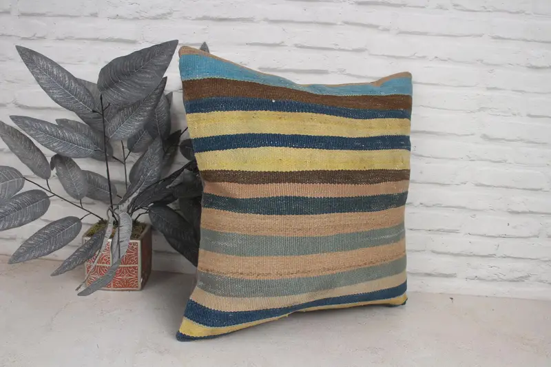 Vintage Kilim Throw Pillow, Floor Cushion Case, 20x20 Blue Pillow Sham, Bolster Throw Pillow Case, Gift Pillow, Cushion, Boho Pillow - 3