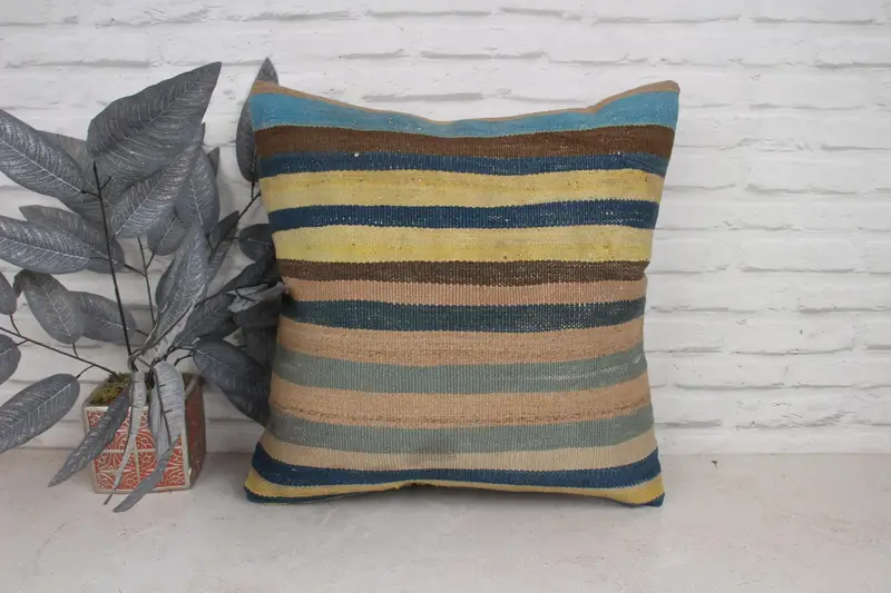 Vintage Kilim Throw Pillow, Floor Cushion Case, 20x20 Blue Pillow Sham, Bolster Throw Pillow Case, Gift Pillow, Cushion, Boho Pillow - 1