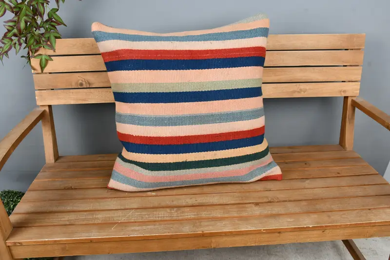 Pillow Sham, 24x24 Blue Cushion Cover, Indoor Cushion Case, Handmade Kilim Cushion, Pillow for Sofa, Boho Pillow Sham Cover - 6