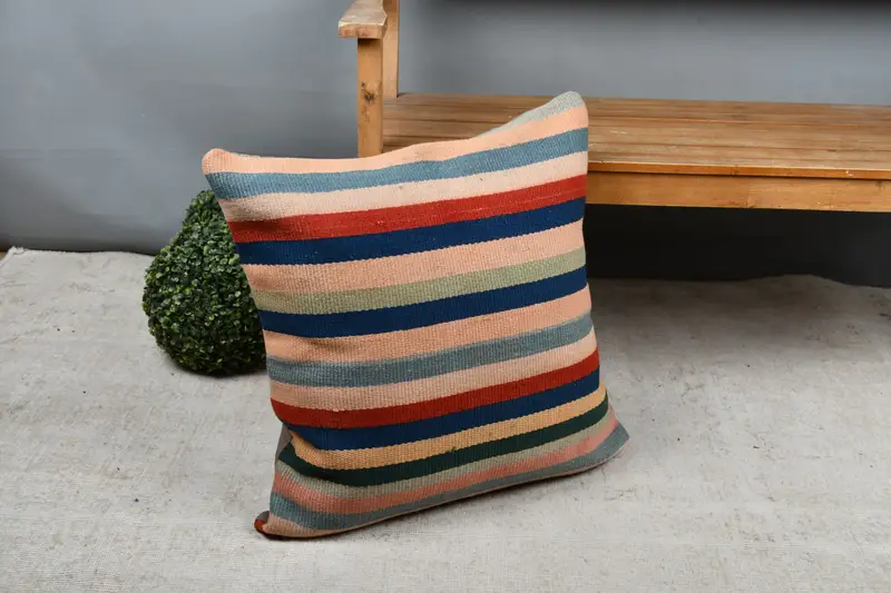 Pillow Sham, 24x24 Blue Cushion Cover, Indoor Cushion Case, Handmade Kilim Cushion, Pillow for Sofa, Boho Pillow Sham Cover - 7