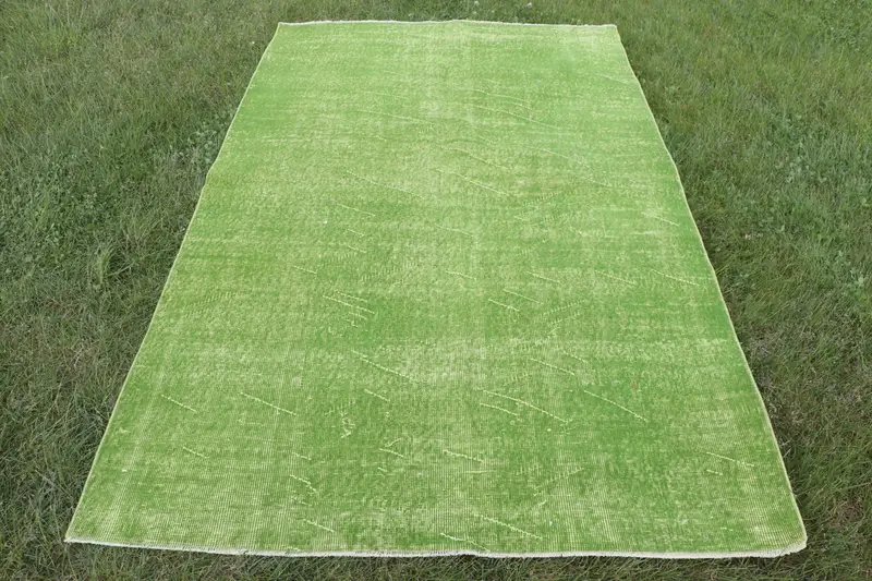 Handmade Green Rug, 0.4x7.3 ft Botanical Design