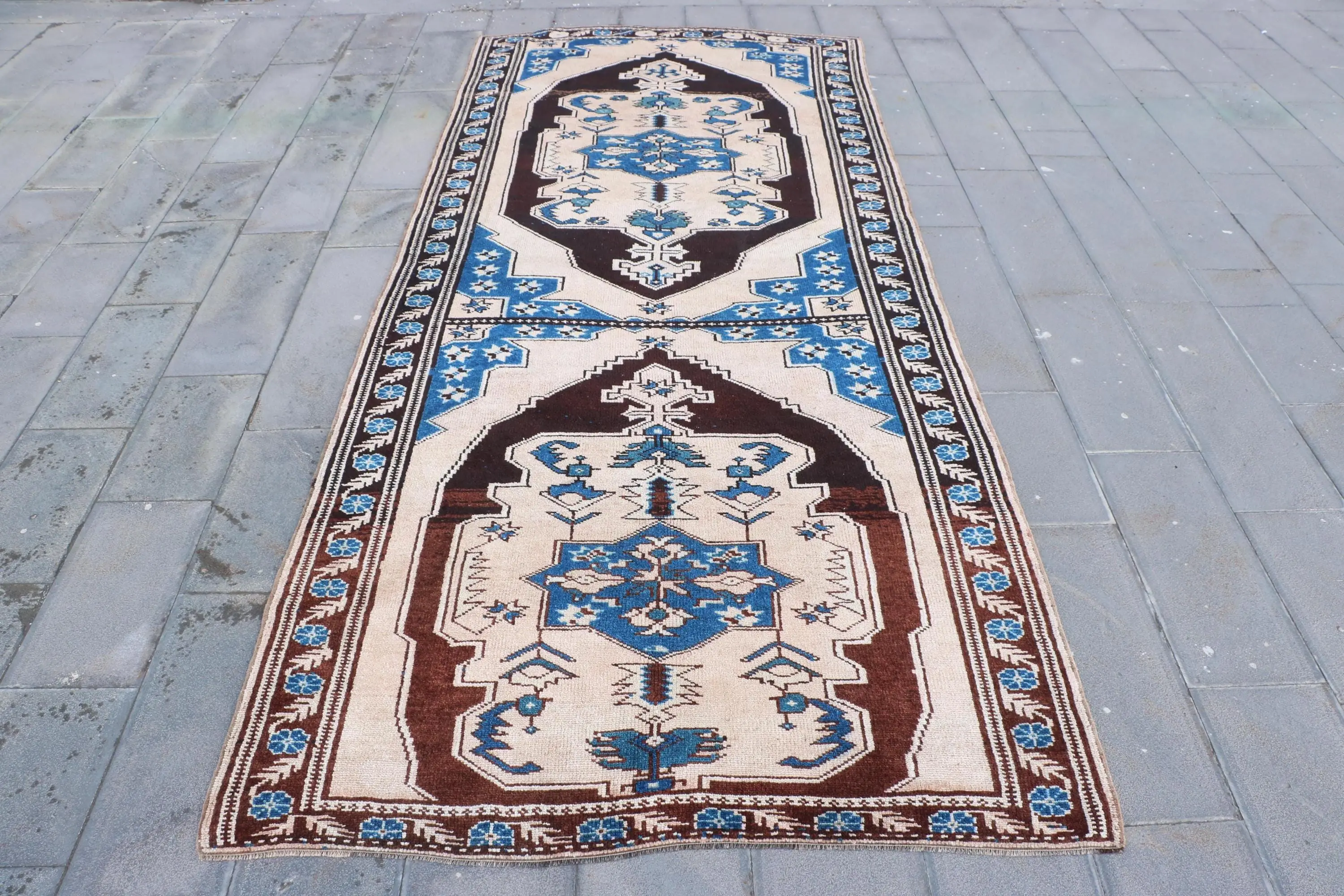 Turkish Oversize Rug 5.5x13 ft, Blue Brown Bordered Rug Wool - 1
