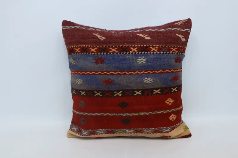 Turkish Bench Pillow Sham, Kilim Pillow, 28x28 Red Pillow Sham, Pillow for Sofa, Kilim Rug Cushion Case, Cushion Case, Pillow for Couch, Bed Pillow - 1