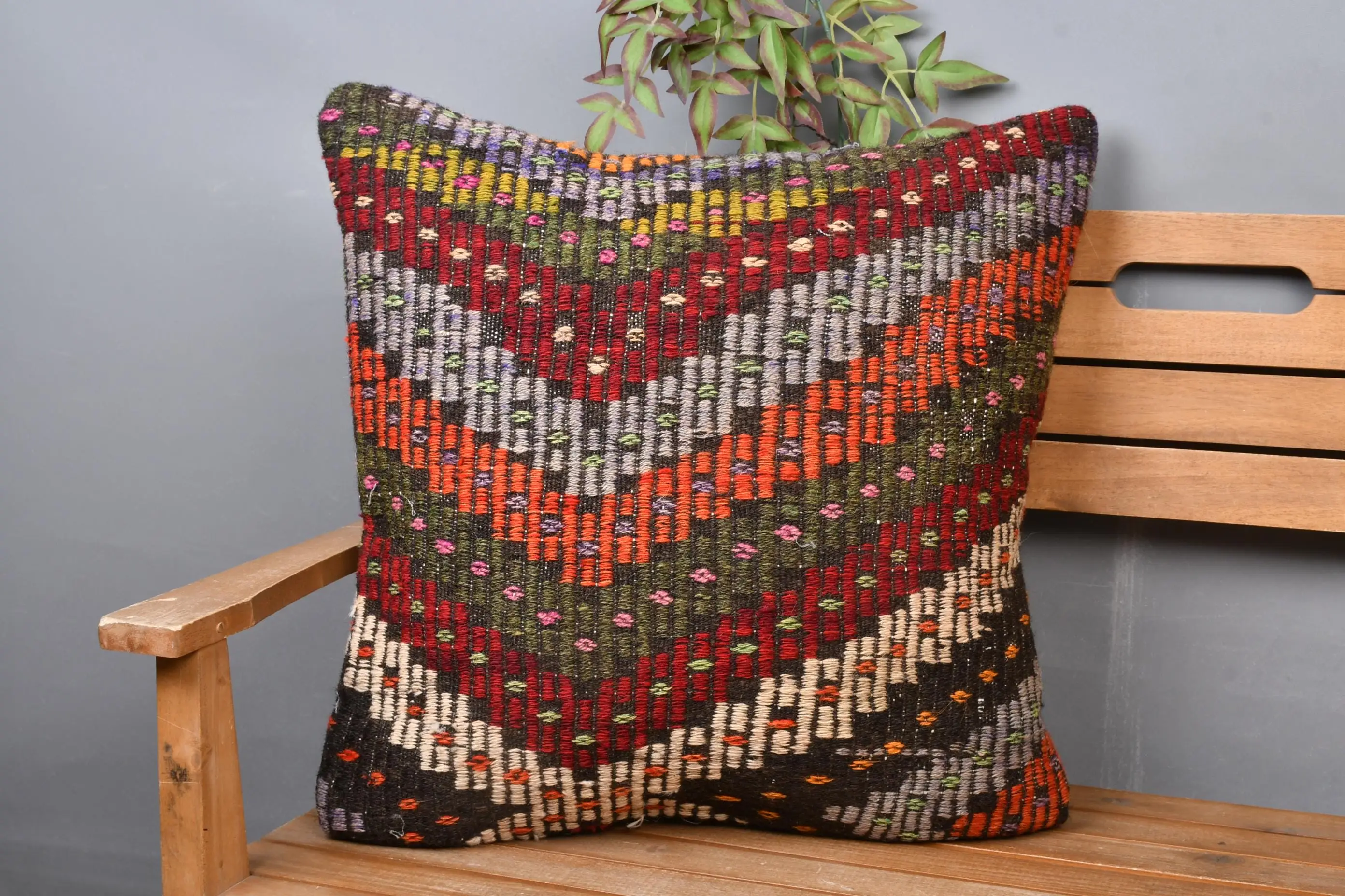 Geometric Green and Orange Throw Pillow, Vintage Embroidered Cushion - 1